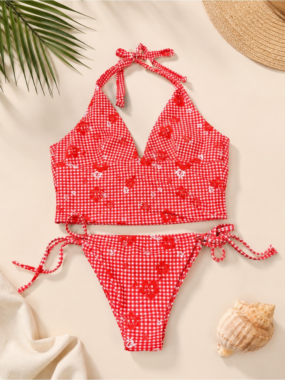 Red Gingham Floral Halter Bikini Set